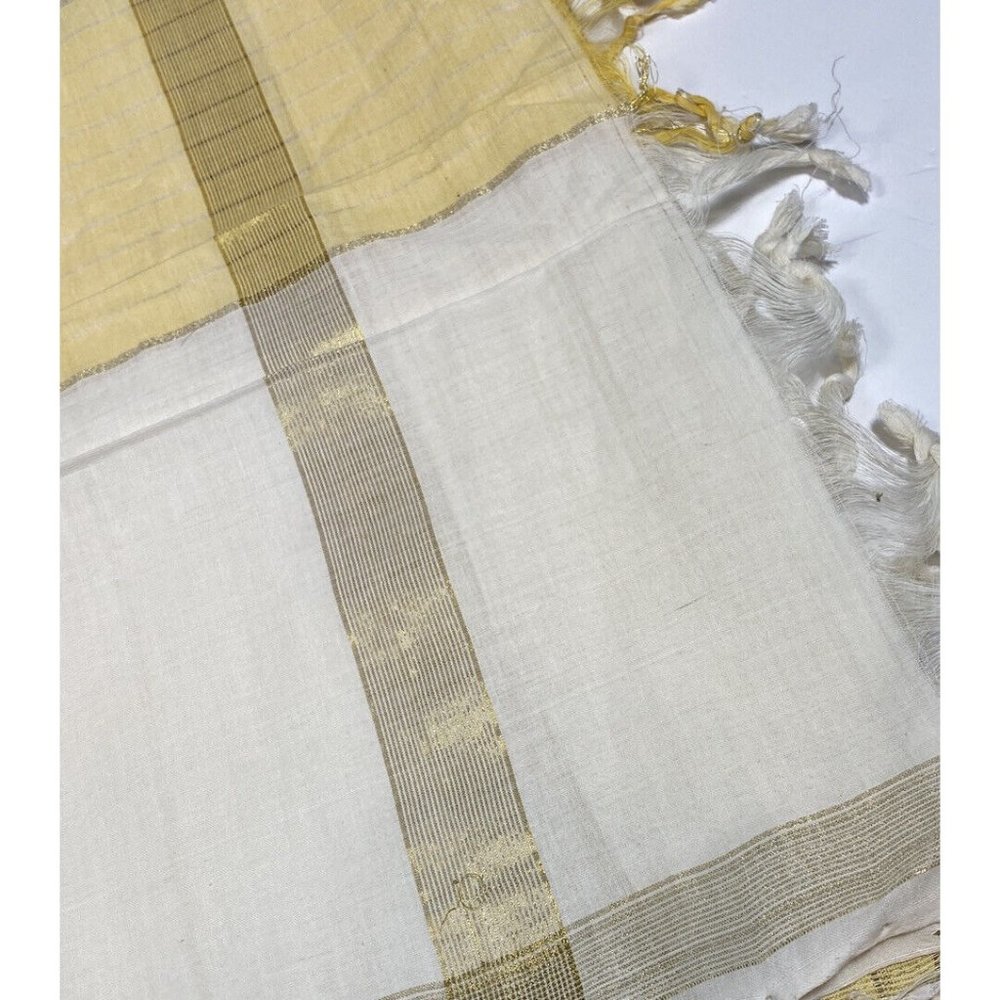 Vintage Gold Yellow White Textile Fabric Plaid Fringe Sari Dupatta Luxury Cloth - Picture 4 of 7